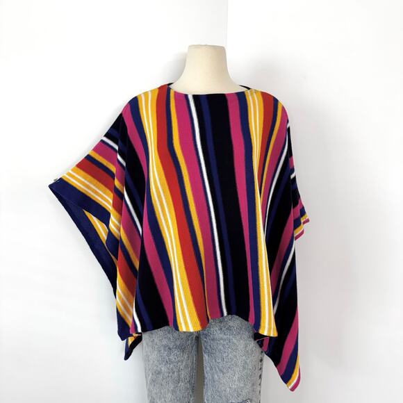 Lauren Ralph Lauren Linen Cotton Striped Knit Poncho Multicolor M/L Petite - Picture 2 of 12